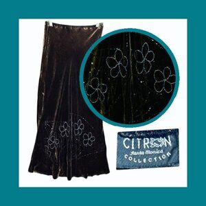 Citron Santa Monica Silk Velvet A-Line Skirt Size S Beaded Floral Brown Whimsy